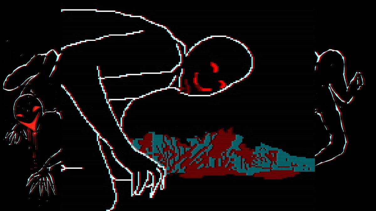 line art of some kind of smiling demon looking up from a feast back at the camera