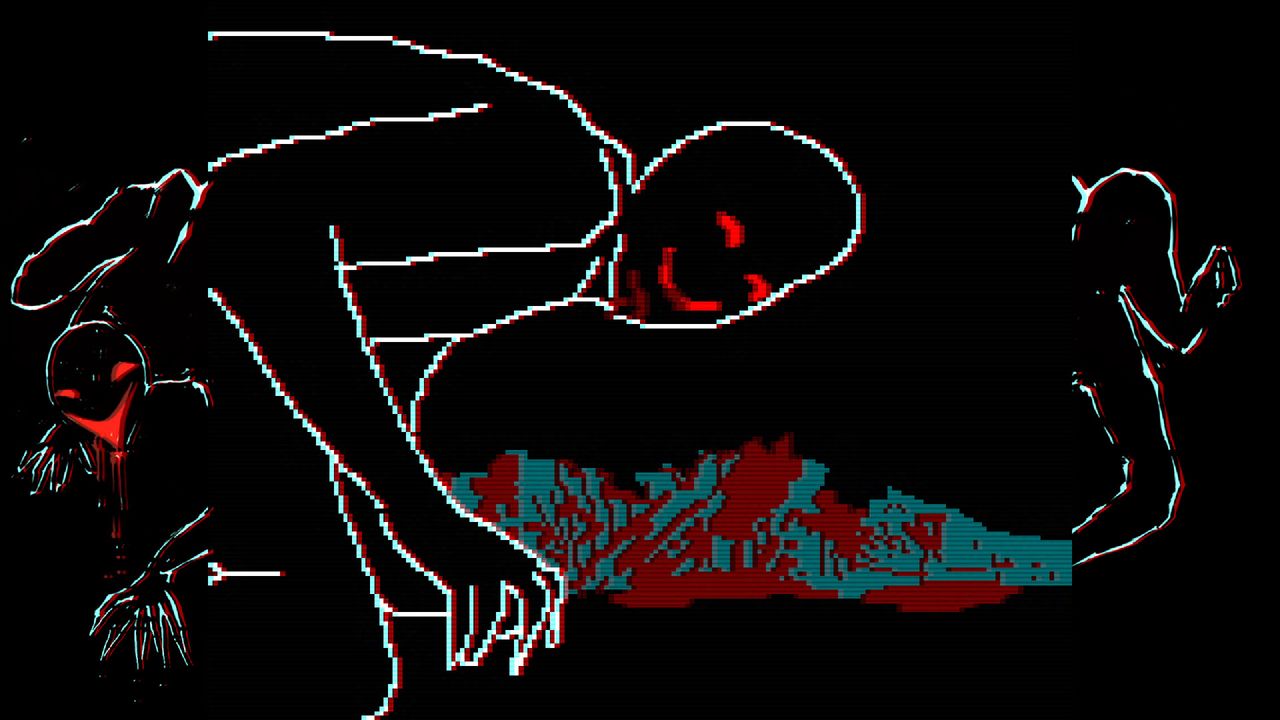 line art of some kind of smiling demon looking up from a feast back at the camera