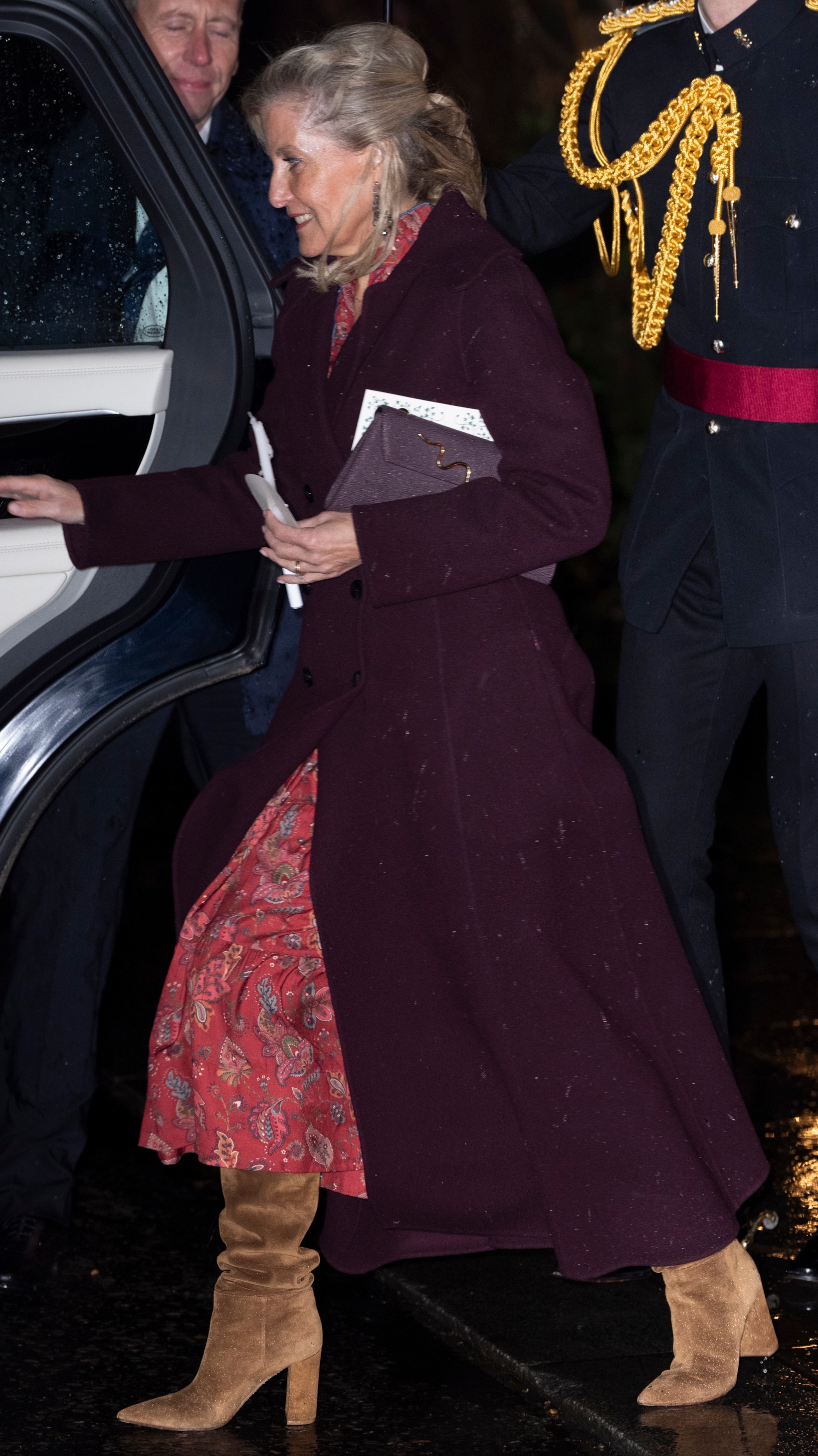 Sophie, Duchess of Edinburgh gets into a car after attending the 'Together At Christmas' Carol Service at Westminster Abbey on December 5, 2025