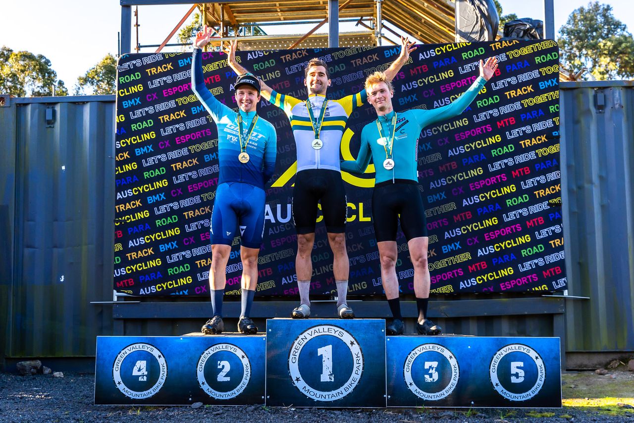 Men's elite podium at the Australian Cyclo-cross National Championships 2022. 1st Tom Chapman, 2nd Cameron Wright and 3rd Chris Aitken.