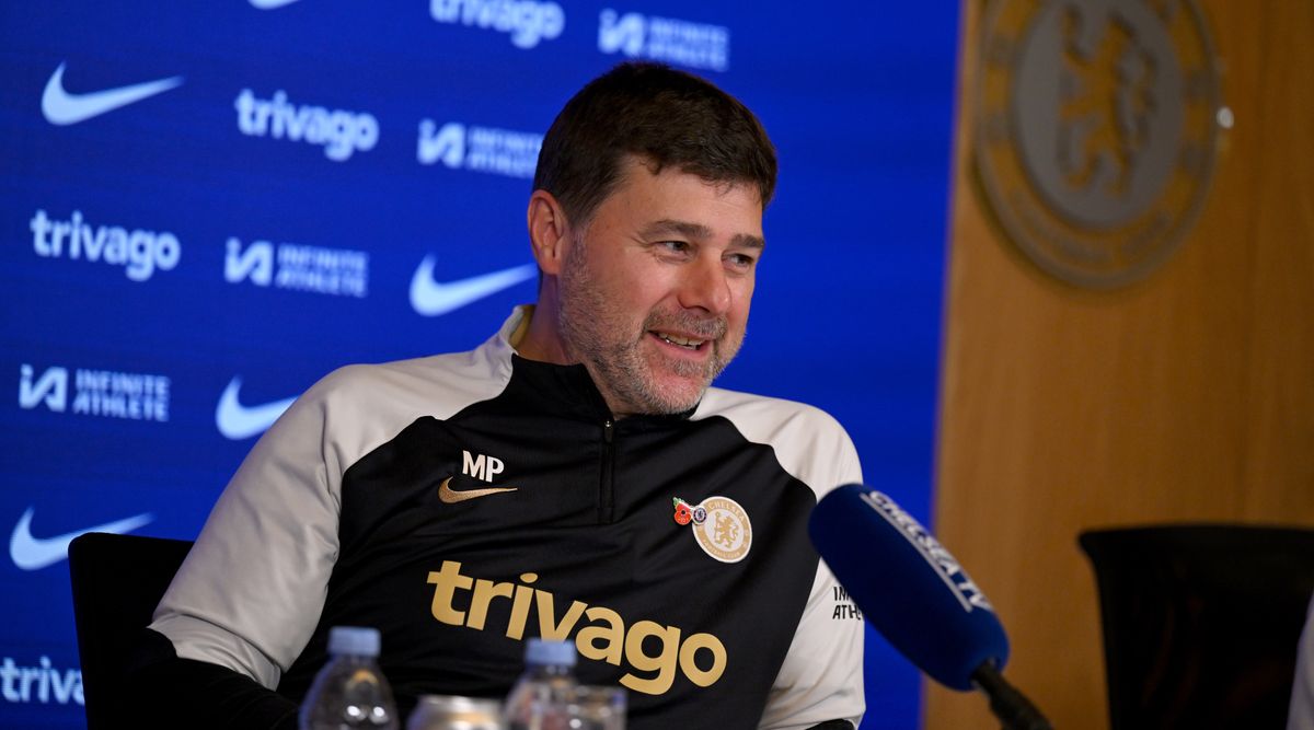 COBHAM, ENGLAND - NOVEMBER 10: Head Coach Mauricio Pochettino of Chelsea during a press conference at Chelsea Training Ground on November 10, 2023 in Cobham, England. (Photo by Darren Walsh/Chelsea FC via Getty Images)