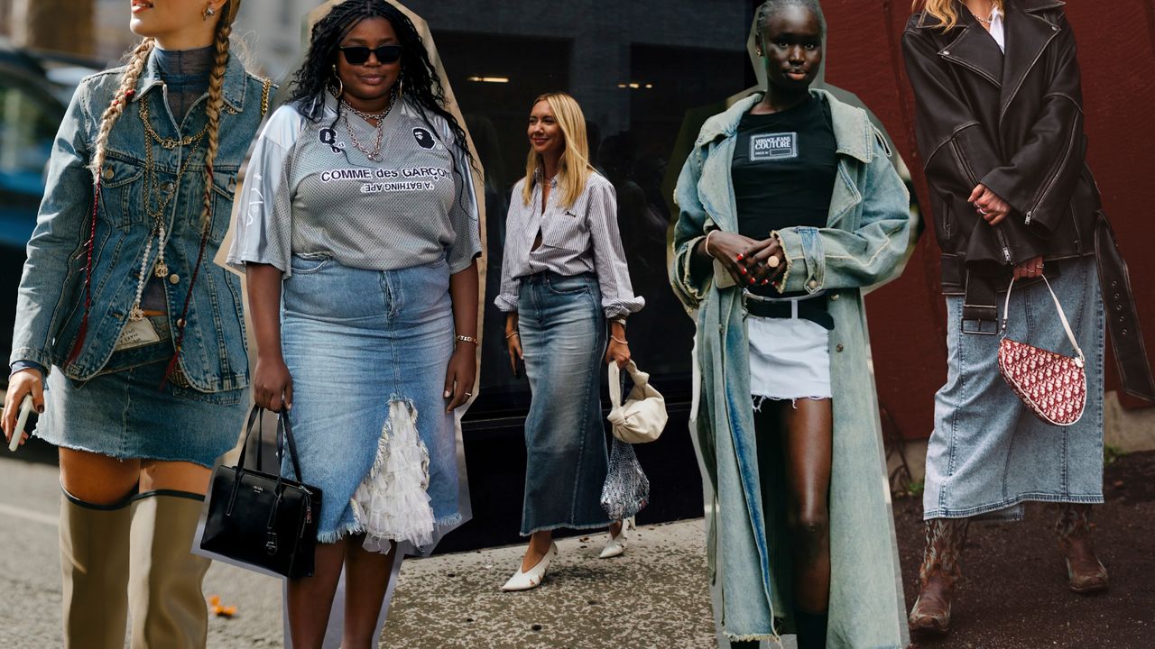 five images of women wearing denim skirts, a white mini denim skirt, blue midi denim skirt, and blue long maxi skirt