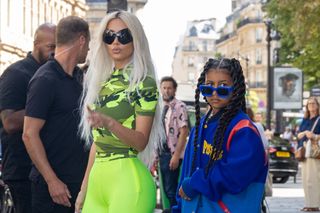 Kim Kardashian and North West are seen during the Paris Fashion Week on July 05, 2022 in Paris, France.