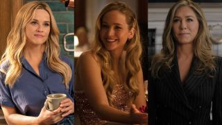 From left to right: Press images of Reese Witherspoon holding a mug in The Morning Show, Jennifer Lawrence smiling in No Hard Feelings and Jennifer Aniston smiling in The Morning Show.
