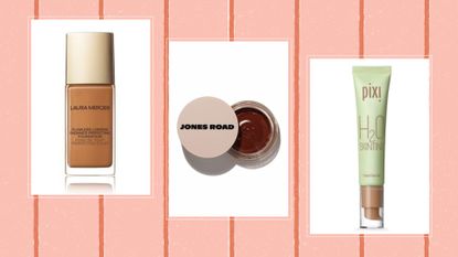 A composite image of Laura Mercier, Jones Road, Pixi foundations included in the best foundations for dry skin
