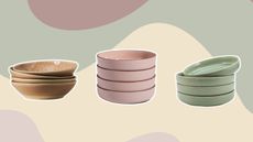Three plate bowls on a colorful wavy background