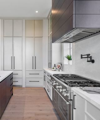 should I use handles or knobs on kitchen cabinets, grey and white kitchen, chrome range, long metal handles, large cooker hood