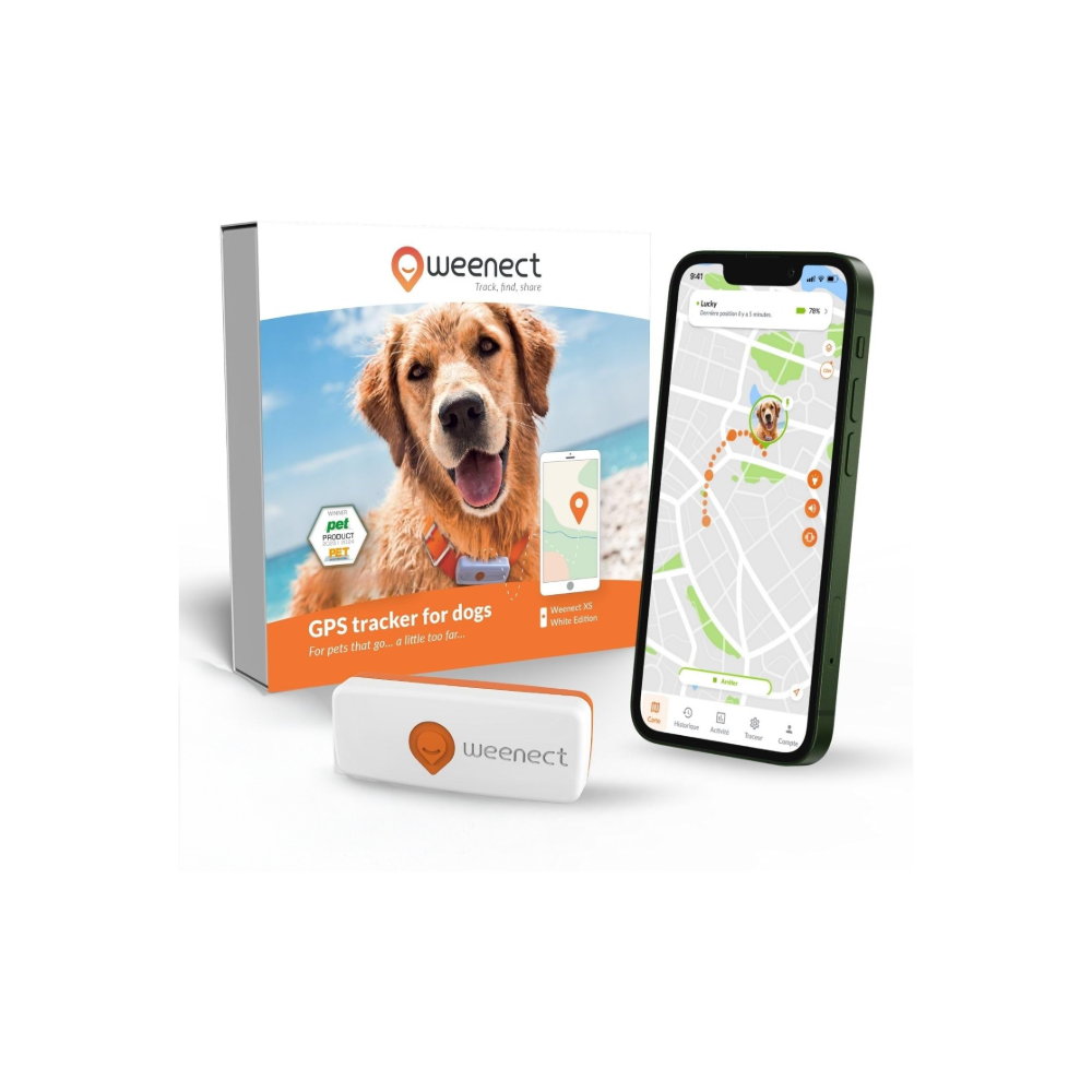 Weenect Dog GPS Tracker packaging, tracker and smartphone display, one of the best GPS trackers for pets
