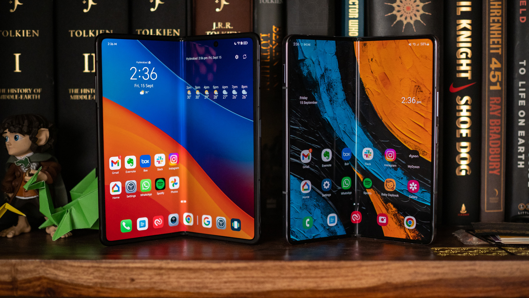 Honor Magic V2 and Galaxy Z Fold 5 on bookshelf