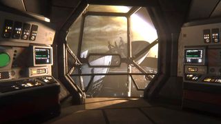 Best video game architecture; large radar dishes are viewed through the window of a space station