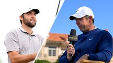 (left) Scottie Scheffler looks up after a shot and (right) Rory McIlroy speaks into a Golf Channel microphone while sitting down