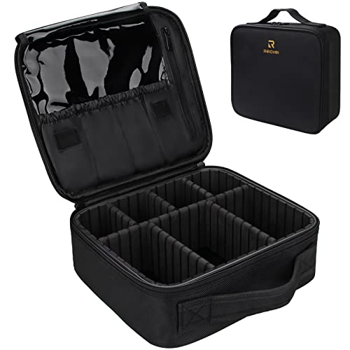 Relavel Travel Makeup Train Case Makeup Cosmetic Case Organizer Portable Artist Storage Bag With Adjustable Dividers for Cosmetics Makeup Brushes Toiletry Jewelry Digital Accessories Black