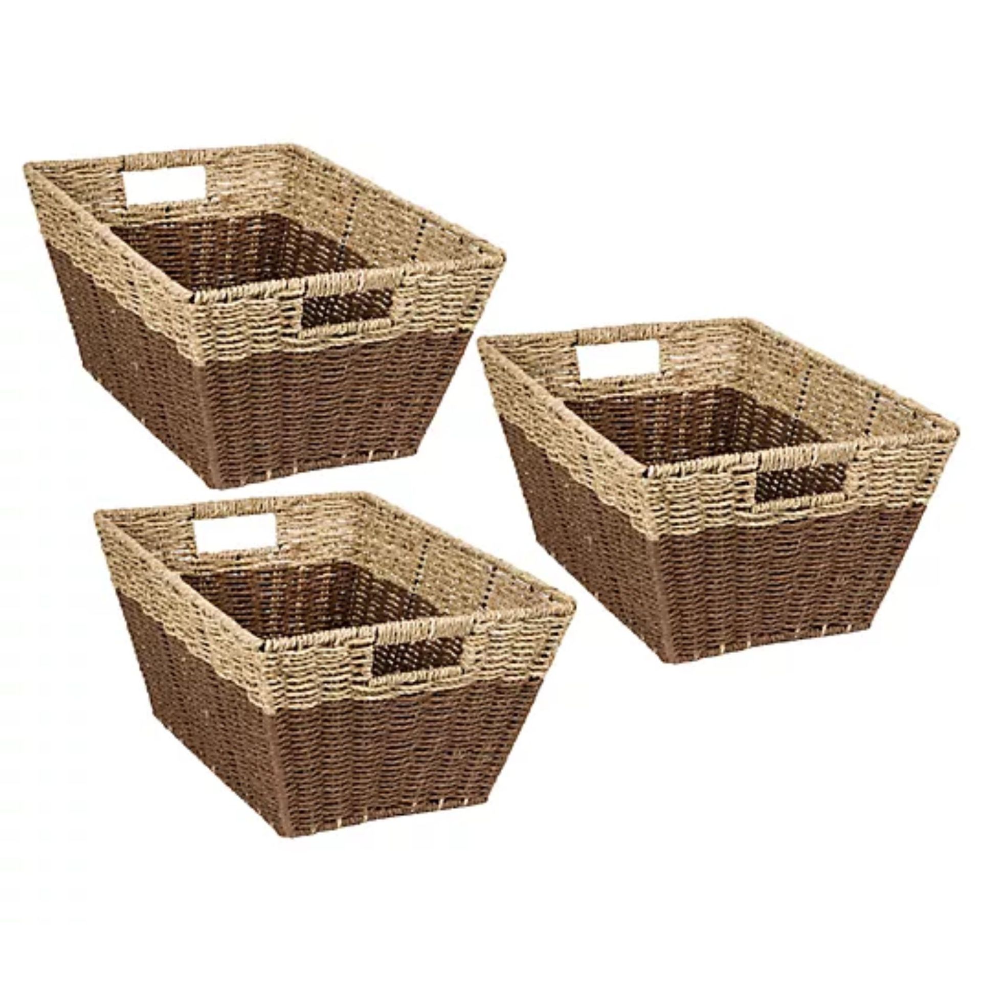 Three brown storage baskets