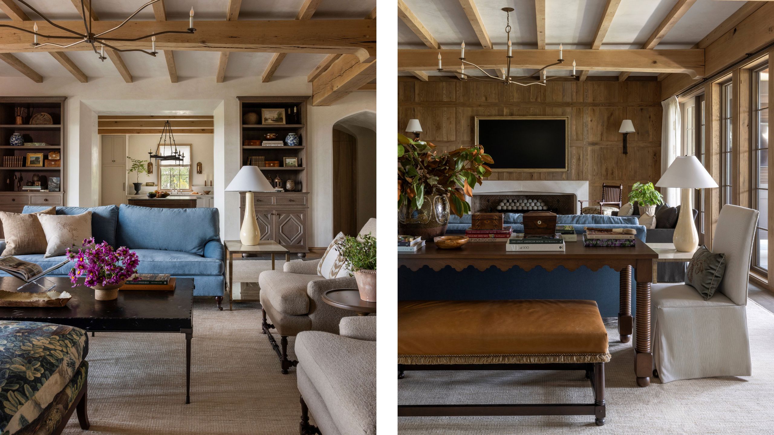 two side by side images of a wood clad living room with ceiling beams, blue sofa, tapestry ottoman and vintage furnishings
