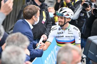 French President Emmanuel Macron meets French Julian Alaphilippe of Deceuninck QuickStep after stage 18 of the 108th edition of the Tour de France cycling race from Pau to Luz Ardiden 1297 km in France Thursday 15 July 2021 This years Tour de France takes place from 26 June to 18 July 2021BELGA PHOTO DAVID STOCKMAN Photo by DAVID STOCKMANBELGA MAGAFP via Getty Images