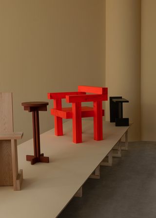 Colourful chairs and tables in wood
