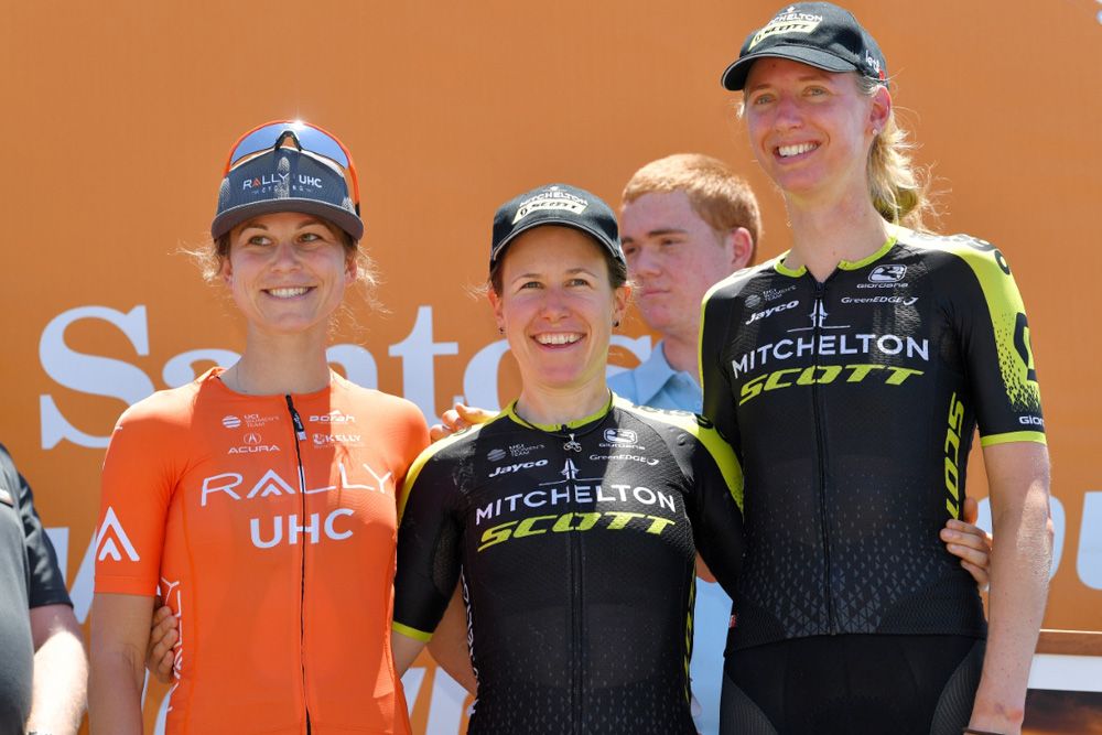 The stage 2 podium (l-r): Krista Doebel-Hickok (Rally UHC Cycling), Amanda Spratt and Lucy Kennedy (Mitchelton-Scott)