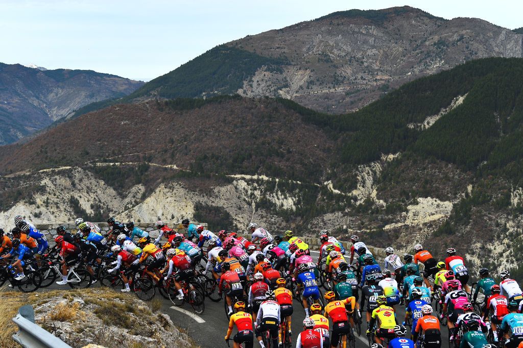 LA TURBIE FRANCE FEBRUARY 19 A general view of the peloton competing during the 54th Tour Des Alpes Maritimes Et Du Var Stage 2 a 1491km stage from PugetThniers to La Turbie on February 19 2022 in La Turbie France Photo by Dario BelingheriGetty Images
