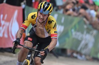 Slovenian Primoz Roglic of JumboVisma crosses the finish line of stage 9 of the 2022 edition of the Vuelta a Espana Tour of Spain cycling race from Villaviciosa to Les Praeres Nava 1714 km Spain Sunday 28 August 2022 BELGA PHOTO DAVID STOCKMAN Photo by DAVID STOCKMAN BELGA MAG Belga via AFP Photo by DAVID STOCKMANBELGA MAGAFP via Getty Images