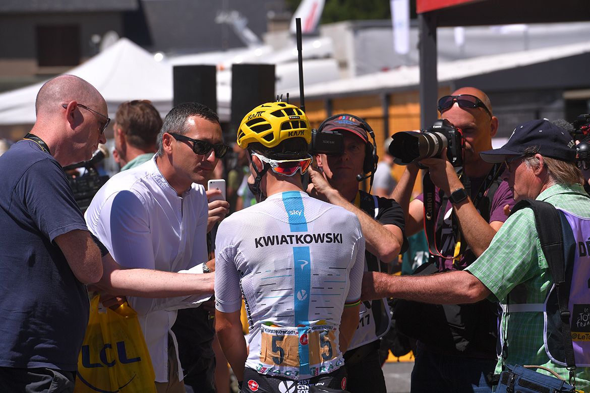 Michal Kwiatkowski with fans ahead of the Tour's stage 15