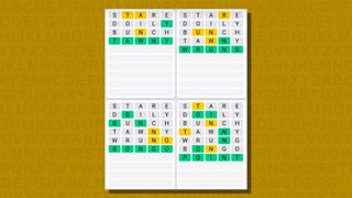 Quordle daily sequence answers for game 754 on a yellow background