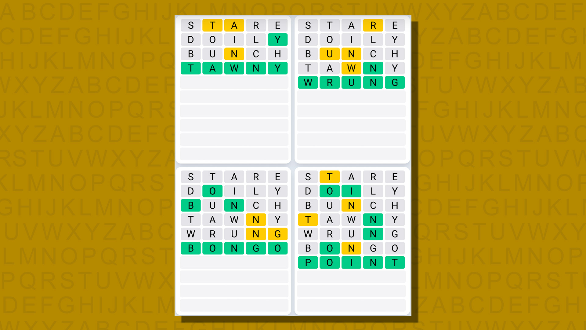 Respuestas de secuencia diaria de Quordle para el juego 754 sobre un fondo amarillo