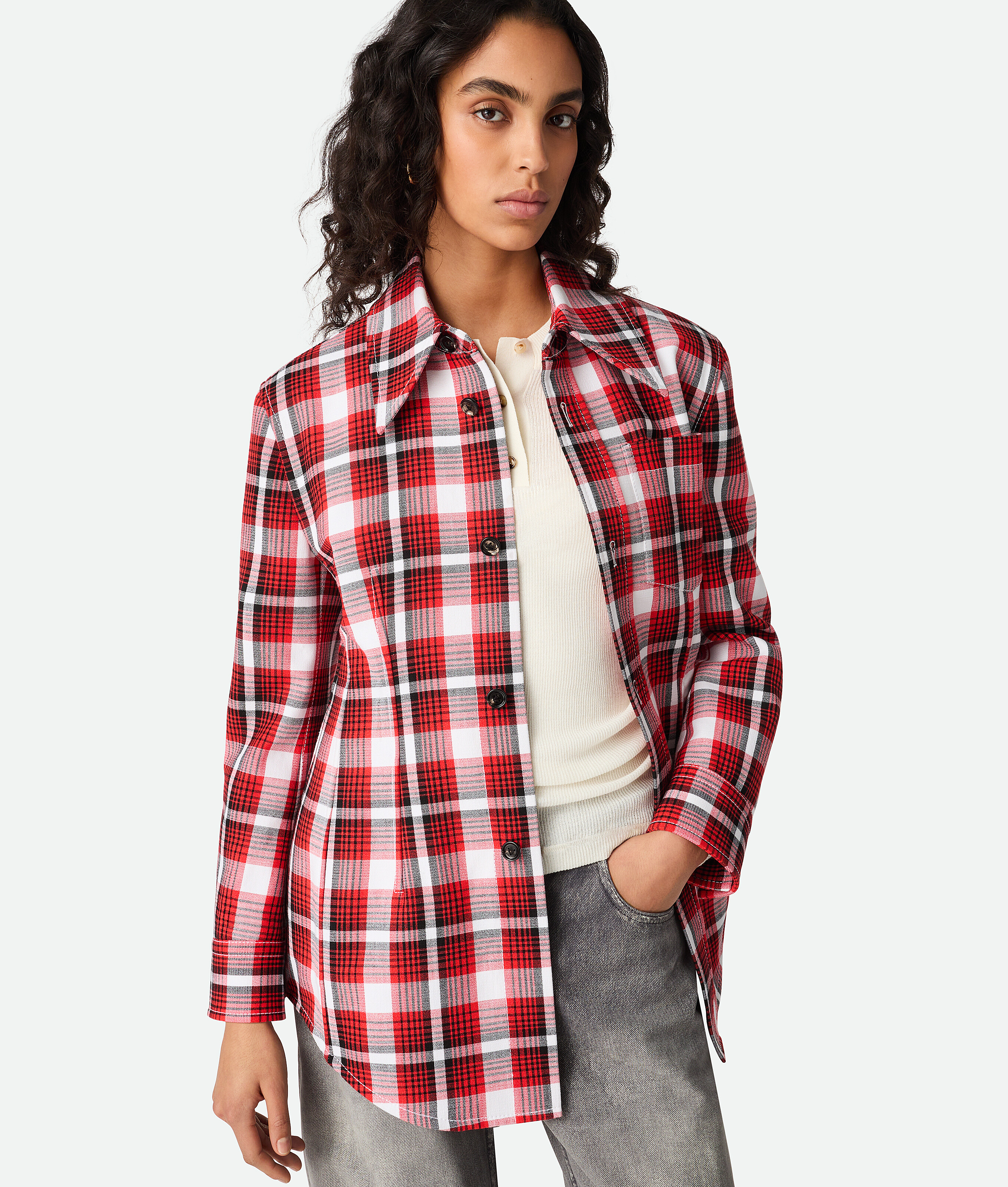Women's Structured Cotton Check Jacket in Tomato/chalk/black