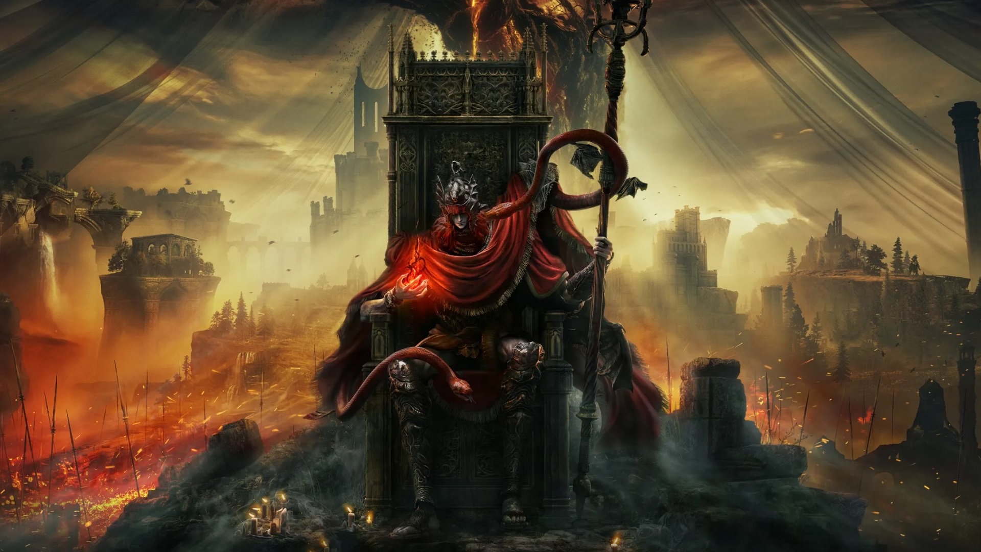 Elden ring Key art of Messmer the Impaler sitting on a throne
