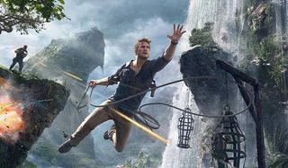 Nathan Drake swings through the air in Uncharted 4