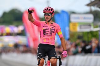 VILLAINESLAJUHEL FRANCE MAY 25 Alberto Bettiol of Italy and Team EF Education EasyPost celebrates at finish line as stage winner during the 49th Boucles de la Mayenne 2024 Stage 2 a 2088km stage from Le Ham to VillaineslaJuhel on May 25 2024 in VillaineslaJuhel France Photo by Luc ClaessenGetty Images