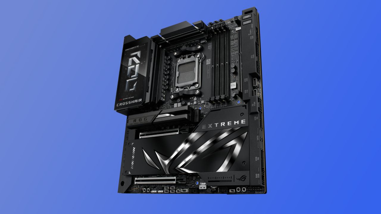 The Asus ROG Crosshair X870E Extreme motherboard from various angles on a blue gradient background