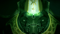 A necron stares, intently with the cold regard of machinery, at the camera in Warhammer 40k: Mechanicus 2.