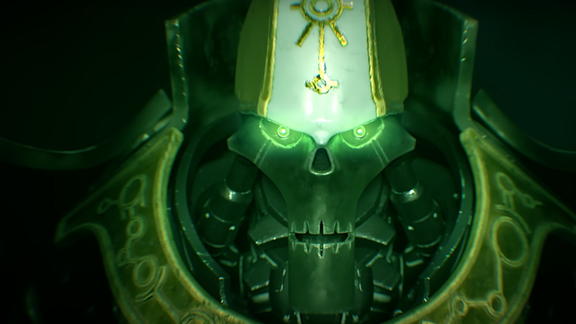 A necron stares, intently with the cold regard of machinery, at the camera in Warhammer 40k: Mechanicus 2.