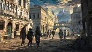 A painting of an old world street