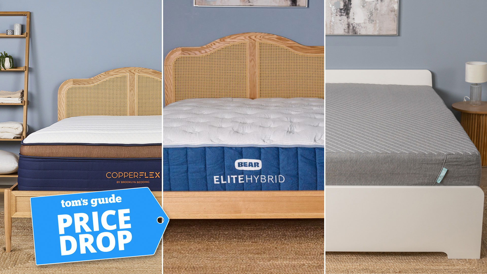 Composite image of the Brooklyn Bedding CopperFlex Pro Hybrid, Bear Elite Hybrid and Siena Signature mattresses with a Tom's Guide badge overlaid saying 'PRICE DROP'