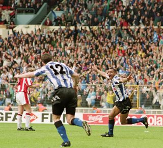 Sheffield Wednesday’s Mark Bright (right) after scoring the winner against Sheffield United