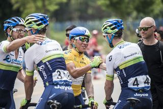 The Orica-GreenEdge riders celebrate another stage win for Caleb Ewan at the Tour de Korea