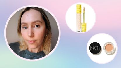 Concealer hacks: A picture of Lifestyle writer, Naomi alongside the Kosas and Nars concealers used in this piece/ in a pastel pink, blue and green template