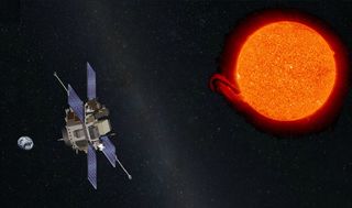 A four solar paneled spacecraft floats near the sun. Earth is in the background.