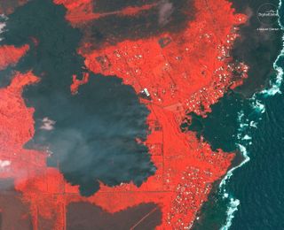 Imagery taken by our WorldView-3 satellite from June 3, 2018 shows the active lava flows approaching Kapoho Bay. See our color, near-infrared and SWIR images.