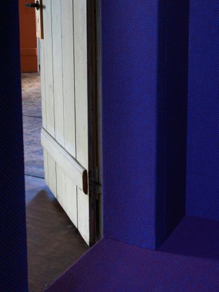 A doorway with a blue carpeted floor and wall in front of it.
