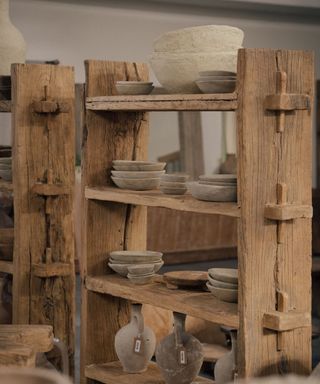 Wooden shelves, bowls, pots