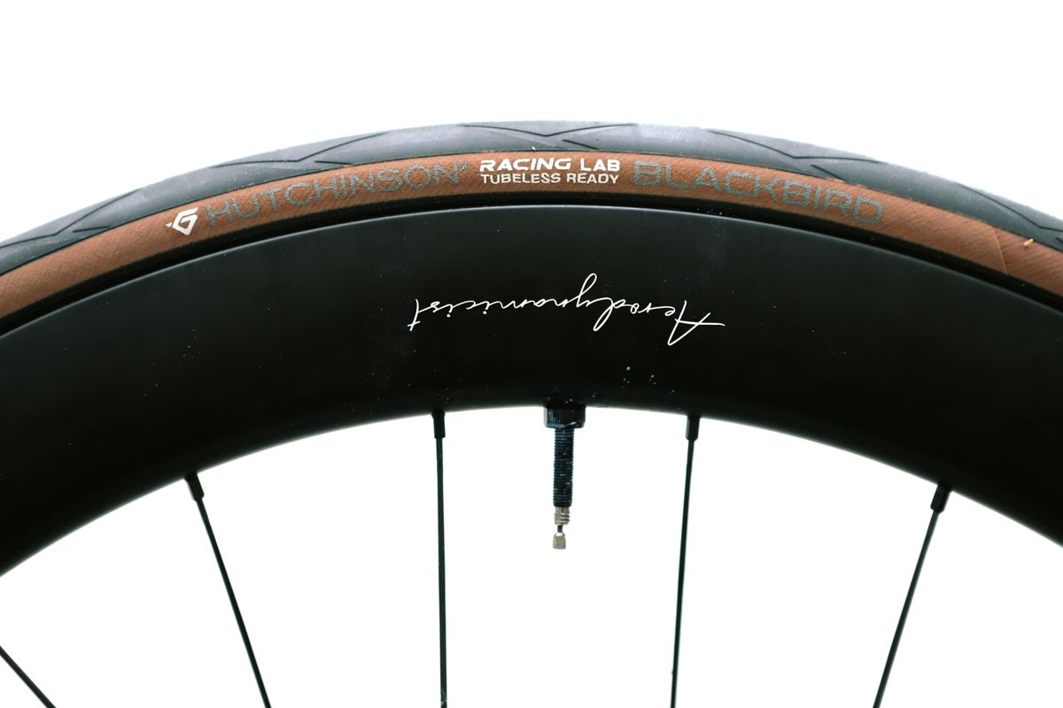 A tan bicycle tyre on a white background