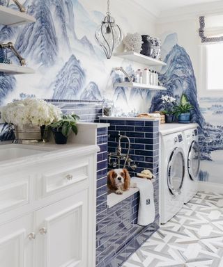 A blue mudroom laundry area with blue tiles, wallpaper and dog shower