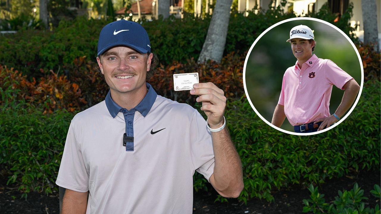 Main image of Luke Clanton holding up his PGA Tour card with inset photo of Jackson Koivun smiling with his hand on his hip (top right)