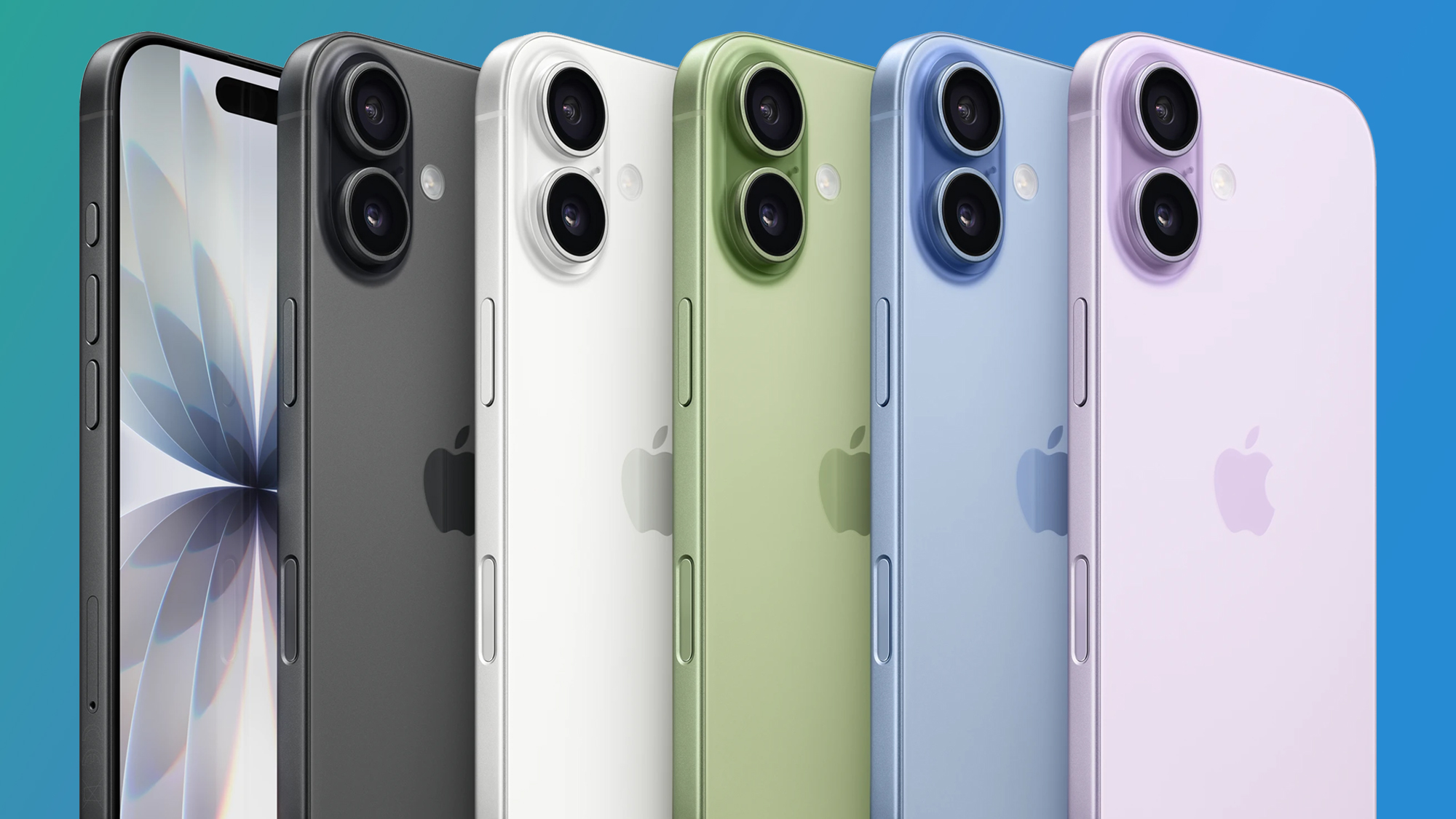 Six iPhone 17 phones on a green and blue background