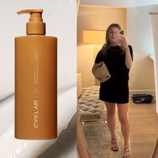 samantha holender in a black outfit taking a mirror selfie next to a bottle of cyklar lotion