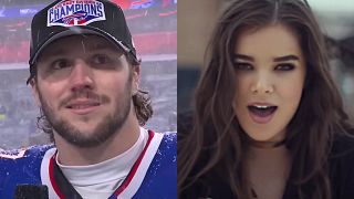 Josh Allen in postgame interview and Hailee Steinfeld in Love Myself music video.