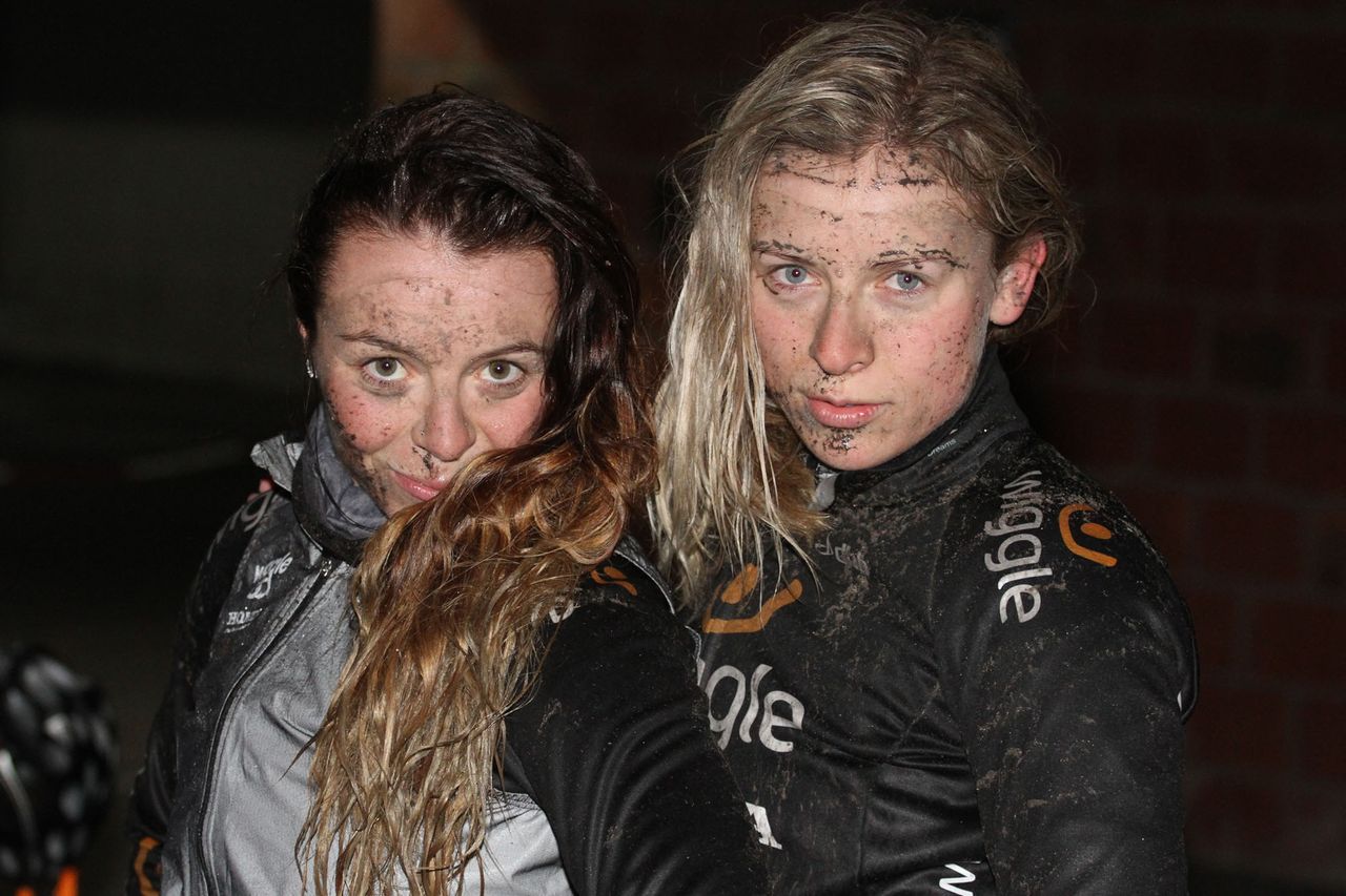 Eileen Roe and Annette Edmondson see the funny side of being covered in mud