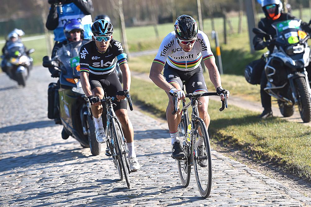 Peter Sagan and Michal Kwiatkowski escaped the lead group with about 30km to go at E3 Harelbeke.